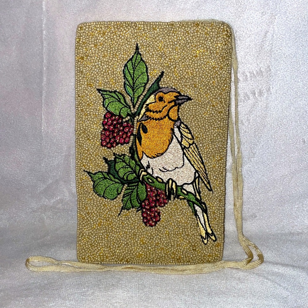 NWOT Beaded & Embroidered Bird Design Tan & Green Bird Sling Bag. - Picture 1 of 5